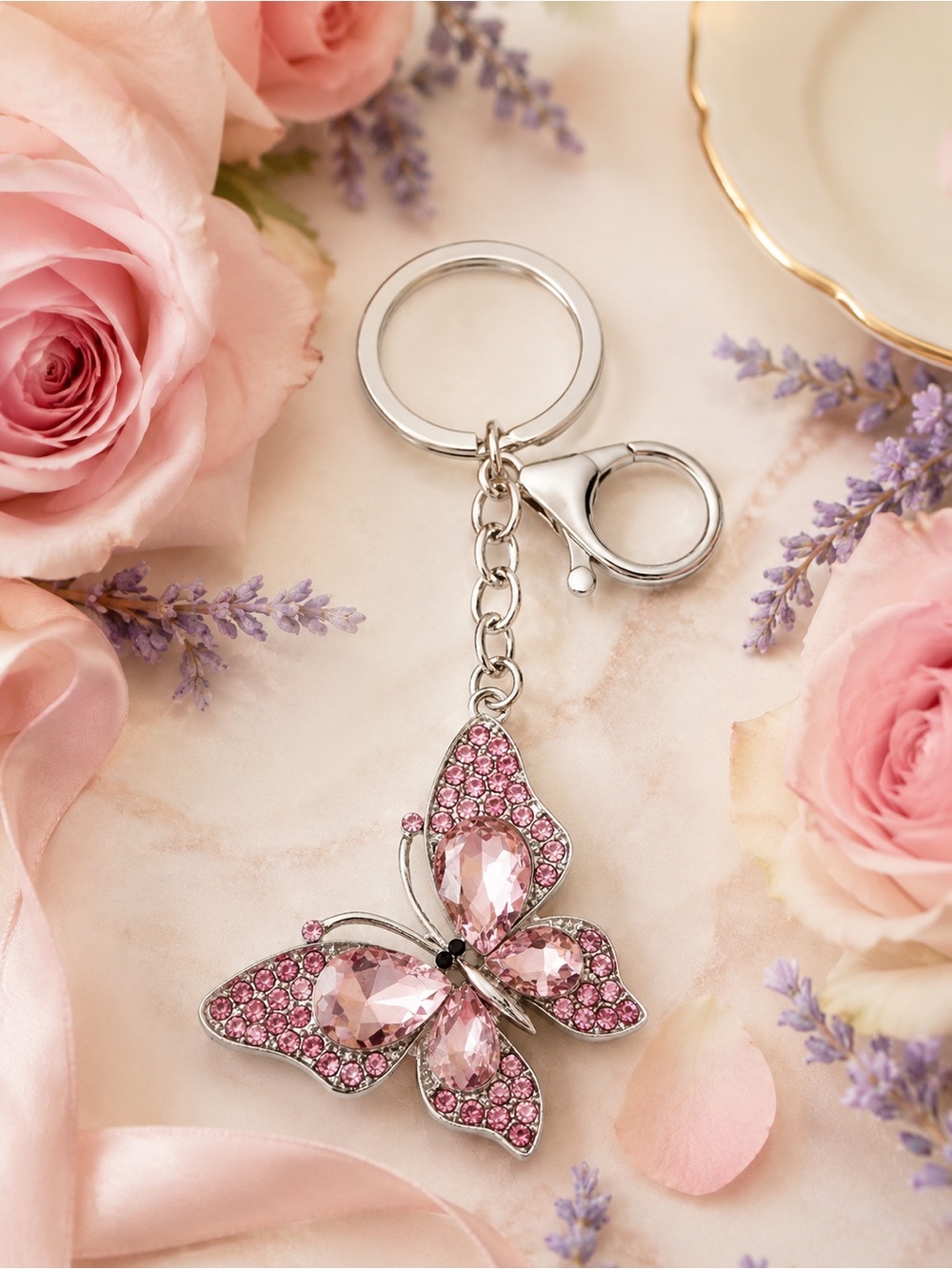 Pink Crystal Butterfly Purse Charm Keychain Rhinestone Bag Charm Silver Tone